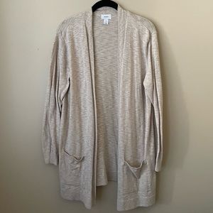 XL lightweight open front cardigan. Tan beige, long sweater with front pockets